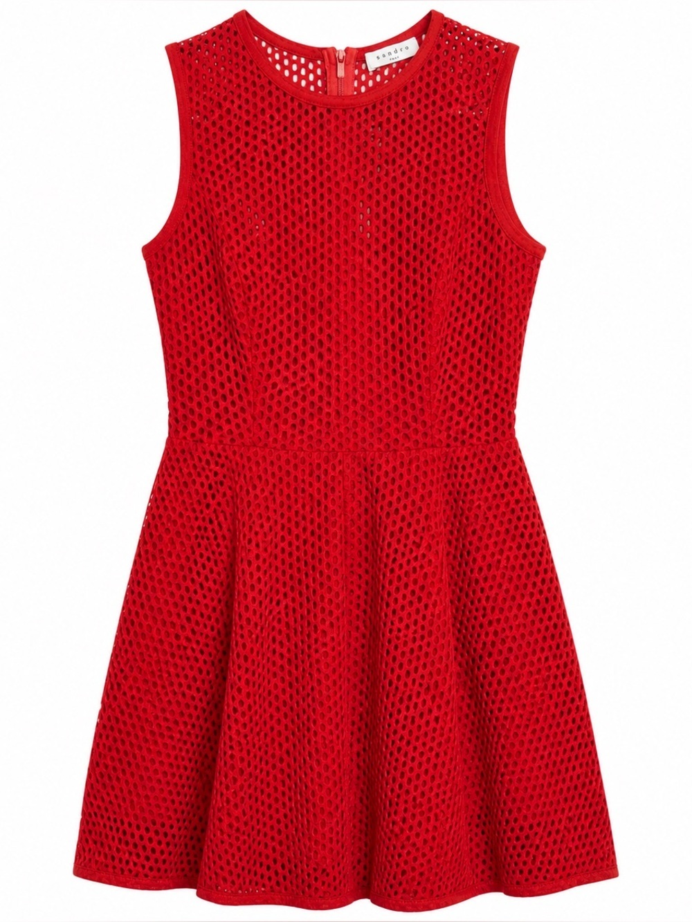 Sandro Paris Red Mesh Dress Size 2 Sleeveless Fit & Flare Perforated Midi Dress - Picture 1 of 4